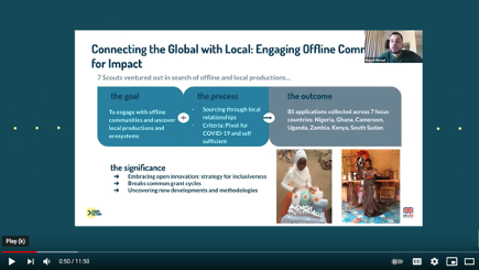 Slide showing the goal (engage with offline communites); process (source through local contacts) and outcome (85 grant applications across 7 countries)